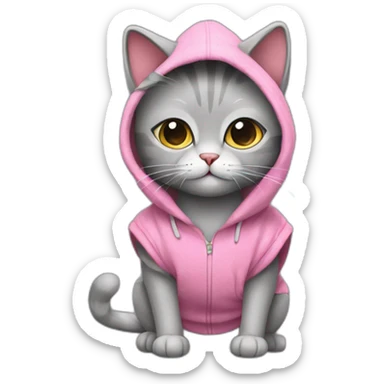 A gray plush cat. This cat is wearing a sleeveless sweater with a pink hood. He's sitting on his buttocks. Small round ears are in the hood. sticker
