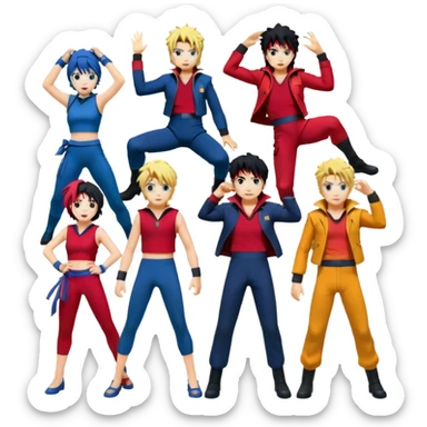 Icon for Anime Collage: Dynamic collage Characters from Cowboy Bebop, Naruto, Bishoujo Senshi Sailor Moon and Kimetsu no Yaiba, each in their iconic poses and vibrant outfits, blended together with dynamic backgrounds. Transparent background. sticker