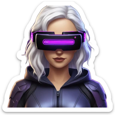 Daenerys Targaryen wearing a black hoodie with "OMG" letters on it and VR headset in a cyberpunk VR environment with violet neon lighting. sticker
