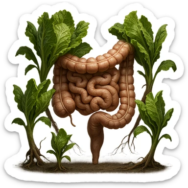 Ultra-realistic 4K illustration: stylized lettuce leaves depicted as plant-like creatures interacting with a human anatomical model of the intestine. The scene is surreal and scientific, with organic textures, refined biological details, dramatic lighting, and a bio-fantasy photorealistic style sticker