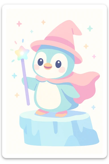 a heroic penguin wizard with a flowing cape, standing on an icy cliff, staff glowing sticker