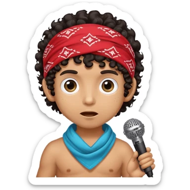 ugly tan skin boy with bandana on head and dark curly hair and HUGE eyes and holding a microphone sticker