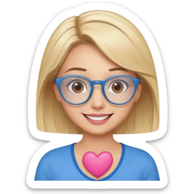 Asthectic pretty Blonde women brown eyes, blue glasses, wearing a brown top and smiling with a pink heart around her. sticker