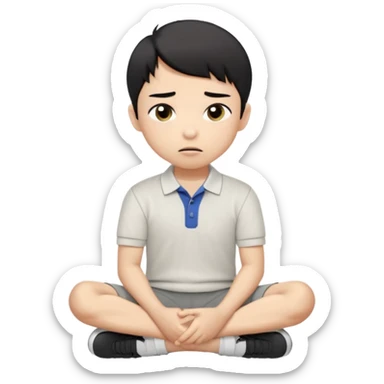 A cartoon young Asian boy with short black hair, light beige skin, and large expressive eyes, wearing a white polo shirt, gray pants, and black shoes. He sits cross-legged on the ground, one fist resting on his cheek, with a closed-mouth smirk. Clean lines, flat colors, solid black background. sticker