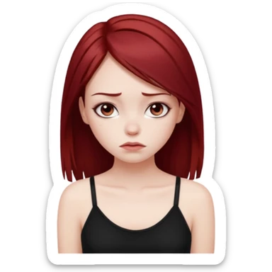 a pretty bratz fair girl with dark red straight hair, black cami top, looking sad sticker