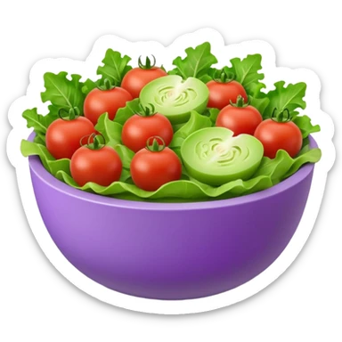 Modern premium 3D emoji icon: salad bowl (🥗), smooth rounded shapes, matte + subtle gloss, top-left studio light, soft shadow. Purple bowl with lavender rim; ingredients in natural colors. Centered, transparent background, no text. sticker