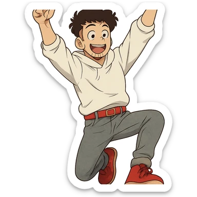 1 male, mid fade haircut dark chestnut brown curly hair, toasted lightskin, white hoodie sleeves up, gray fashion jeans, red fashion-sneakers shoes, red belt, short trimmed beard and goatee,  style of deku from "my hero academia",  "happy!" pose sticker