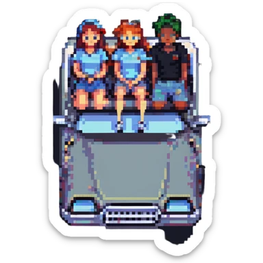 two guys laying on the hood of a car with a girl between their legs, pixel art style sticker