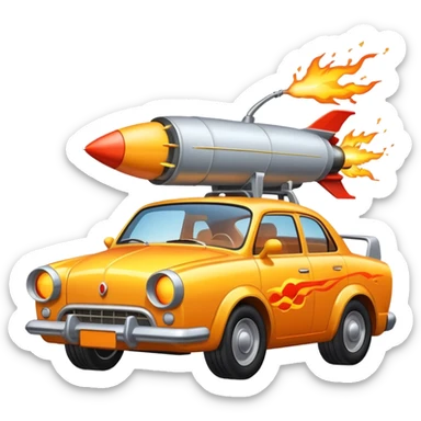 car with a rocket engine on the trunk with fire coming out of it sticker