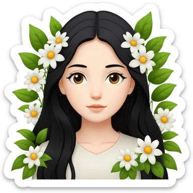 crea un chica blanca con cabello negro largo bonita de ojos marrones vestida de blanco conectando con la naturaleza rodeada de flores  sticker