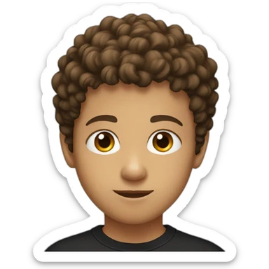 Young boy with short brown curly hair and black tee shirt  sticker