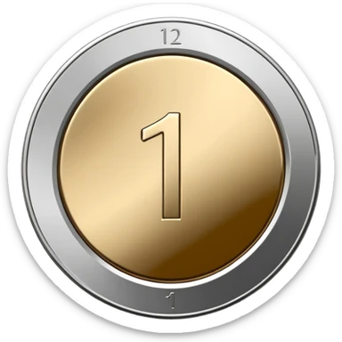 Emoji icon of a metal coin with engraved number 1, minimalist style, isolated, only metal color sticker