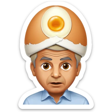 Pakistani Prime Minister Shehbaz Sharif with a whole egg balanced on his head, surprised expression sticker