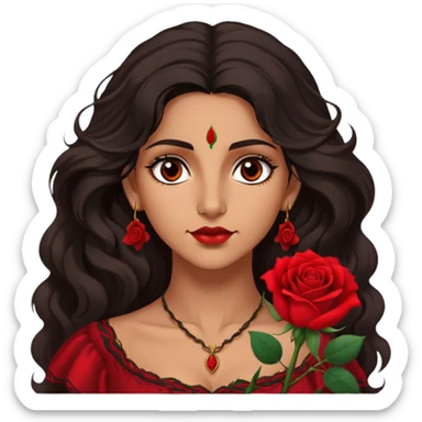 A Romani woman with long, wavy dark hair and a single red rose behind one ear. She has deep eyes and a confident, mysterious expression sticker