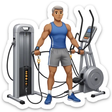 guy standing next to cable-machine with cable tied to ankle-cuffs for leg-side-raise exercise sticker