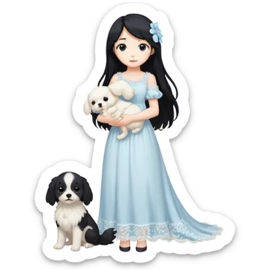 Pastel anime lady long hair with long lace dress full body holding puppy aesthetic background sticker