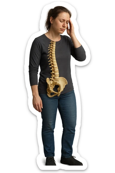 donna stanca a figura intera che si tiene una mano sulla tempia con spina dorsale anatomica visibile, iperrealistico 4k sticker