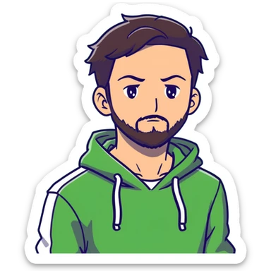 anime style man with short full beard, dark brown undercut hairstyle, white hoodie, and green eyes sticker