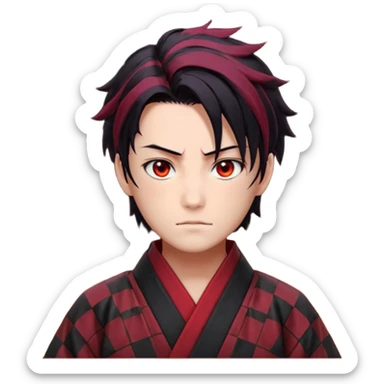 “Tanjiro Kamado, burgundy eyes, black hair with red tips, ember-textured scar, checkered haori, ultra-detailed anime realism, sharp strands, glowing highlights, 8k cinematic look.” sticker