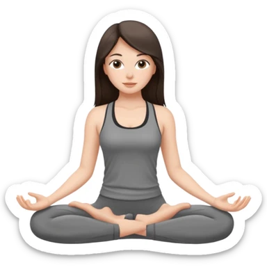 a brunette girl doing yoga, she is wearing a grey fit and she has dark straight and loose hair.  sticker