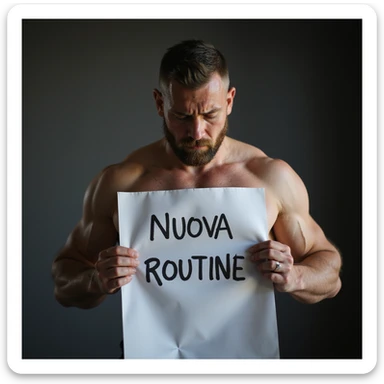 hyperrealistic 4K image of a sad fitness man, sad expression, holding a sheet with the text 'NUOVA ROUTINE', no background sticker