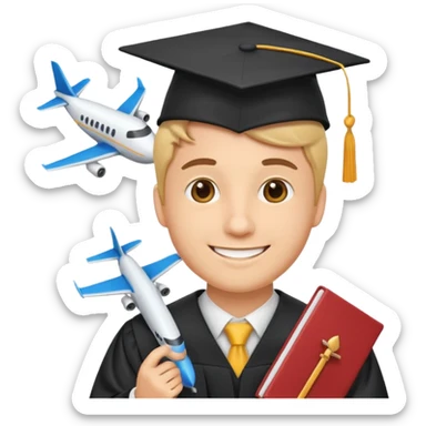 emoji man student at university with graduation cap and airplane, happy, programme erasmus,white background sticker