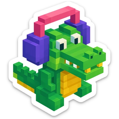 crocodile wearing large over-ear headphones, isometric view, voxel style sticker