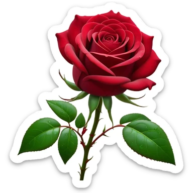 Cinematic Realistic Rose Emoji, Elegant and full of grace, with velvety, deep red petals unfurling in a perfect bloom, dew drops glistening on the soft edges, and a faint fragrance hanging in the air. The lush green leaves surround the stem, creating a vibrant contrast to the rich color of the petals. Soft glowing outline, capturing the essence of timeless beauty and romance in a single bloom. sticker