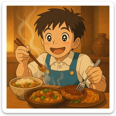 The same anime boy character from the reference image, in Studio Ghibli style, enjoying delicious food with sparkly eyes and a satisfied expression. Steam rising from the dishes, food is detailed and appetizing, food animation style, warm and inviting atmosphere. sticker
