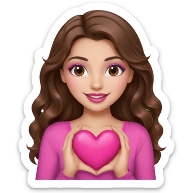 girl with long wavy brown hair, brown eyes, long lashes makeup, sexy pink lips, light to medium complexion, wearing a pink sexy top, smiling, holding a big heart sticker