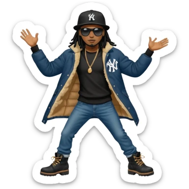 African American man with shoulder length black dreadlocks and black sunglasses wearing a black New York Yankees baseball hat  bubble winter coat with denim skinny jeans and timberland boots dancing sticker