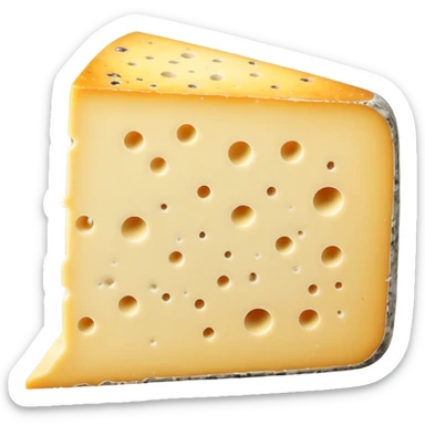 thick wedge of Tomme de Savoie cheese with pale yellow semi-firm interior and rustic gray-brown natural rind speckled with mold, slightly irregular aged texture with tiny holes, dense earthy appearance, soft lighting, subtle shadows, emoji scale sticker