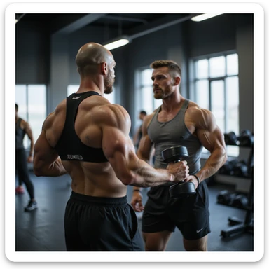 man in modern gym, wearing sportswear, using both isotonic machine and dumbbells, other athletes in background, atmosphere of variety in training, realistic details, 4K quality sticker