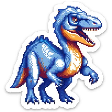 A bright blue velociraptor dinosaur with sharp teeth and claws sticker