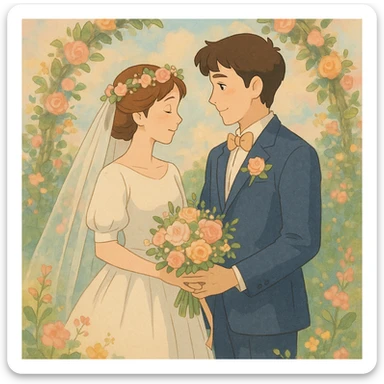 romantic wedding scene with bride and groom, soft pastel colors, floral accents sticker