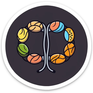 Vibrant muscle fibers in the center, with protein foods (meat, egg, beans, tofu, yogurt) connected together in a unified chain or cluster, floating together around the muscle fibers like a connected orbital ring. sticker