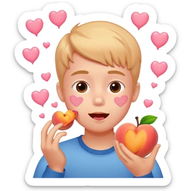 Cute boy eating a peach, pink hearts floating  sticker