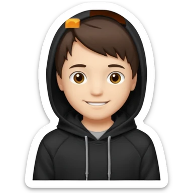 A brunette boy, short straight hair, light brown eyes, with a black sweatshirt with a hoodie, and smile  sticker