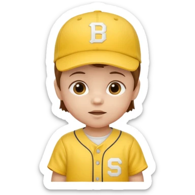 brown hair baby with yellow baseball ersey and hat sticker