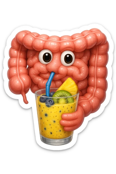 EMOJI STILE IPHONE DI un intestino umano anatomico che beve un frullato di mirtilli, ananas, kiwi, fagli anche la parte bianca degli occhi, non solo le pupille, REALISTICo 4K sticker