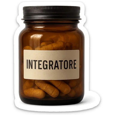 Add the text 'Integratore' clearly and legibly on the label of the jar, maintaining the hyperrealistic style and isolated white background as shown in the reference image. sticker
