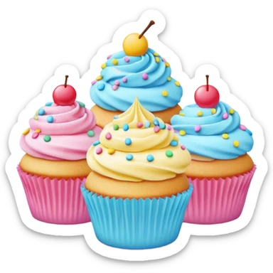 A 3D cartoon poster design advertising cupcakes, with bright pastel colors, clean text and borders, soft background, realistic Memoji-style layout. sticker