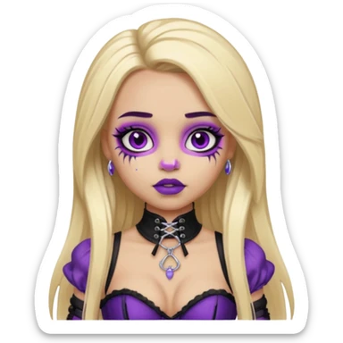 Ai light skin girl , who has straight long length blonde hair with heavy purple streaks , hazel eyes , and doll like makeup , with a septum piercing, in a black corset emoji sticker