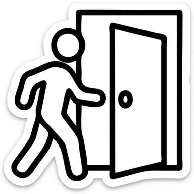 minimalistic icon of a white human figure walking through an open outlined door, viewed from the front, door with visible doorknob, solid green background, flat simple clean lines, high contrast sticker