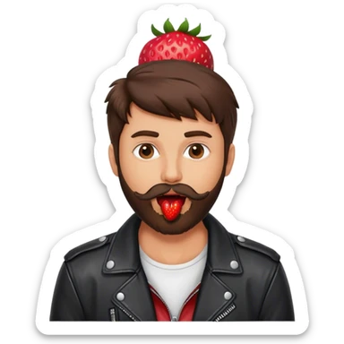 dressed with a black leather jacket, a brunette guy with a beard and toupee, with a strawberry in his mouth sticker