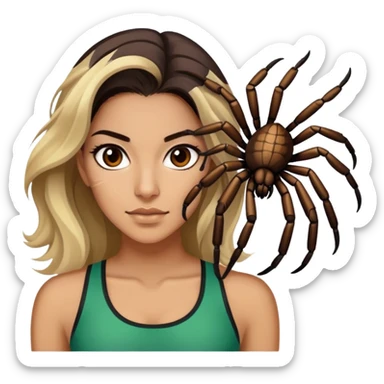 Attractive and athletic Mexican woman in her 20s with dark brown hair with some blonde highlights, with a tarantula sticker