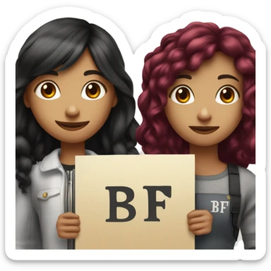 Girl with burgundy hair next to a tall boy with short black hair holding up a sign that says “BFF” sticker