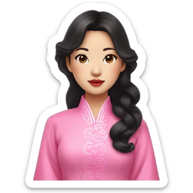 asian girl with fair lips, wavy black hair posing with pink ao dai sticker