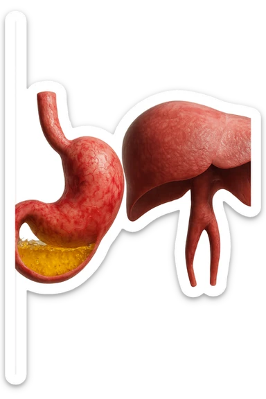 stomaco umano anatomico infiammato con acido giallo all'interno fluttua in aria insieme ad un diaframma umano, iperrealistico 4k, isolato su sfondo bianco sticker