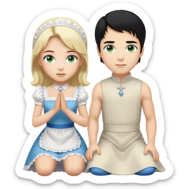 Prince, standing, black hair, blue eyes, garmont, and maid, blonde Hair, green eyes, white short sleveless dress, kneeling  sticker